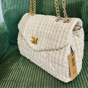 Steve Madden Cream/Beige Tweed Purse/Handbag with Gold Chain Handle